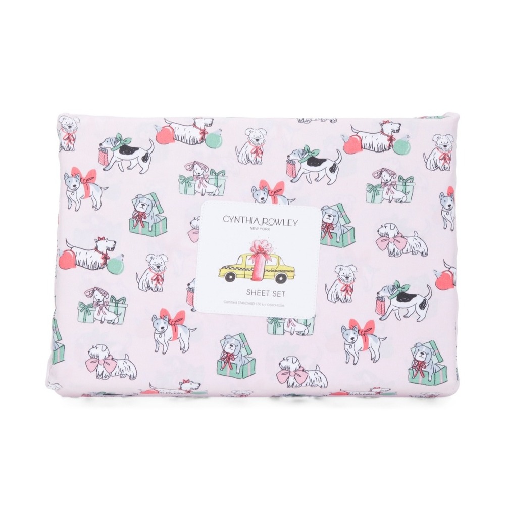 Cynthia Rowley Queen Christmas Puppy Cheer Sheet Set Pink Dog Gift Print NWT